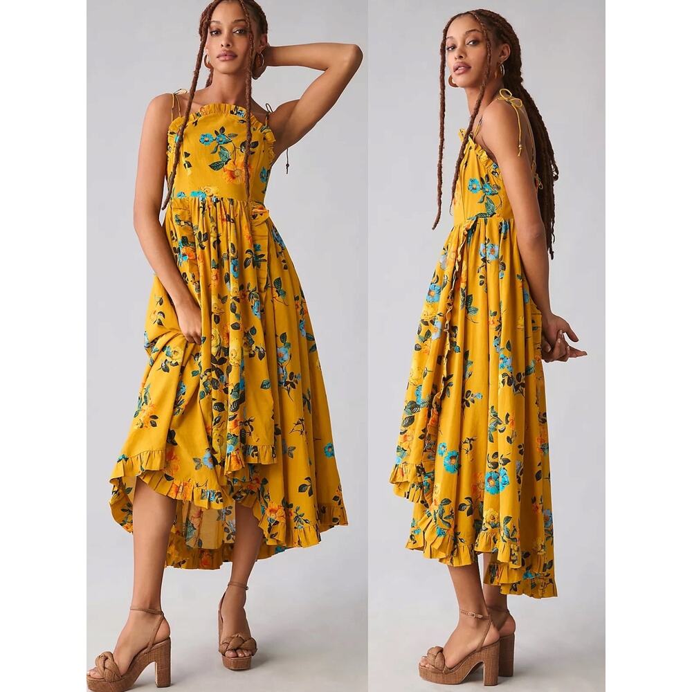 Anthropologie Mustard Yellow Floral Midi Dress